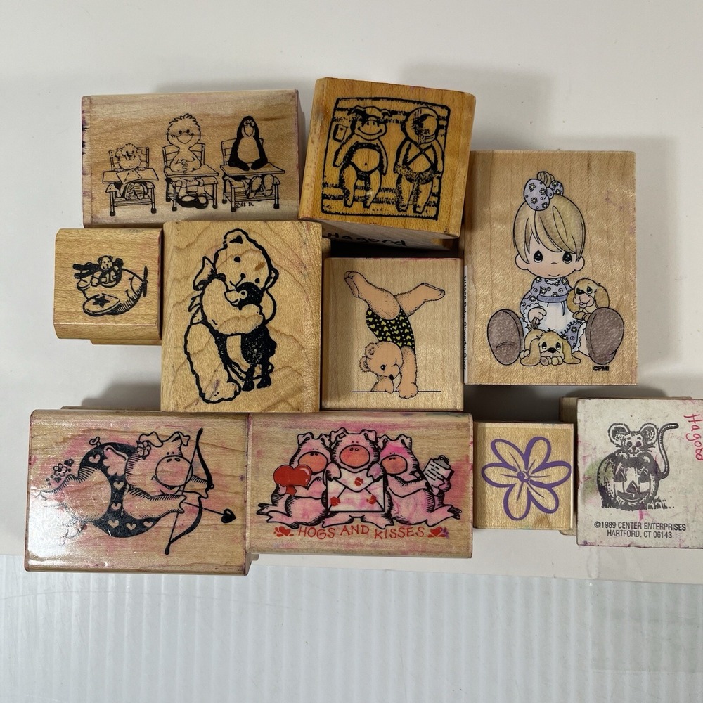Rubber Stamp Lot Wood Mounted School Crafts Animals Precious Moments Halloween